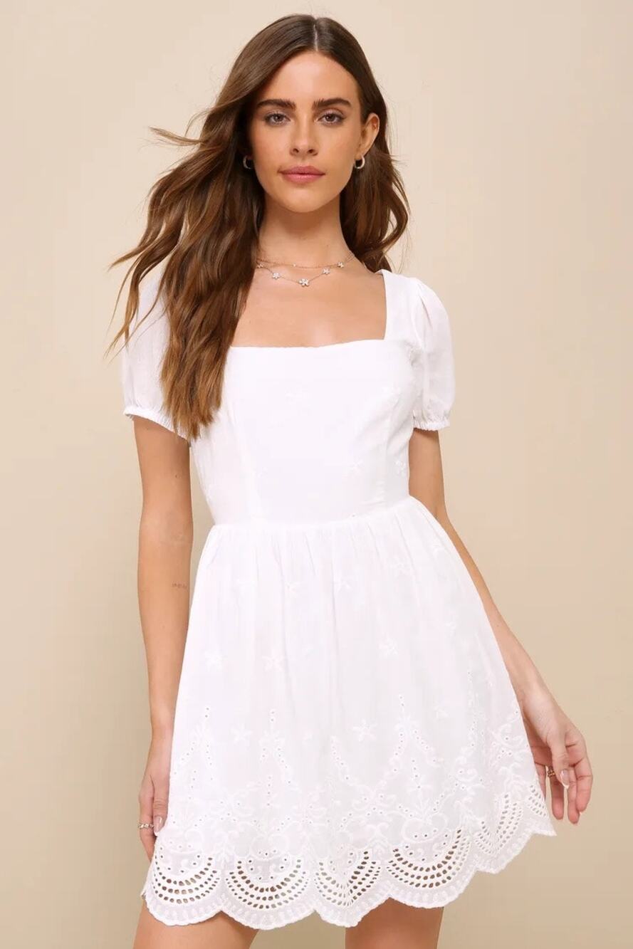 Lulus More Than Sweet White Eyelet Embroidered Puff Sleeve Mini Dress Cocktail L